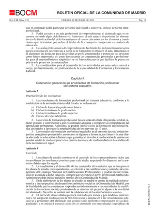 Decreto 63/2019, de 16 de julio, del Consejo de Gobierno, por el que se regula la ordenación y organización de la formación profesional en la Comunidad de Madrid