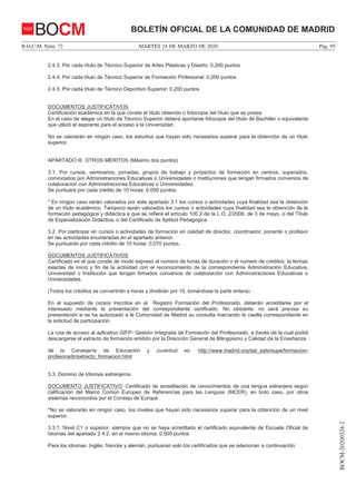 MARTES 24 DE MARZO DE 2020B.O.C.M. Núm. 72 Pág. 95
BOCM-20200324-2
BOLETÍN OFICIAL DE LA COMUNIDAD DE MADRIDBOCM
2.4.3. Por cada título de Técnico Superior de Artes Plásticas y Diseño: 0,200 puntos
2.4.4. Por cada título de Técnico Superior de Formación Profesional: 0,200 puntos
2.4.5. Por cada título de Técnico Deportivo Superior: 0,200 puntos
DOCUMENTOS JUSTIFICATIVOS
Certificación académica en la que conste el título obtenido o fotocopia del título que se posea.
En el caso de alegar un título de Técnico Superior deberá aportarse fotocopia del título de Bachiller o equivalente
que utilizó el aspirante para el acceso a la Universidad.
No se valorarán en ningún caso, los estudios que hayan sido necesarios superar para la obtención de un título
superior.
APARTADO III. OTROS MÉRITOS (Máximo dos puntos)
3.1. Por cursos, seminarios, jornadas, grupos de trabajo y proyectos de formación en centros, superados,
convocados por Administraciones Educativas o Universidades o Instituciones que tengan firmados convenios de
colaboración con Administraciones Educativas o Universidades.
Se puntuará por cada crédito de 10 horas: 0,050 puntos.
* En ningún caso serán valorados por este apartado 3.1 los cursos o actividades cuya finalidad sea la obtención
de un título académico. Tampoco serán valorados los cursos o actividades cuya finalidad sea la obtención de la
formación pedagógica y didáctica a que se refiere el artículo 100.2 de la L.O. 2/2006, de 3 de mayo, o del Título
de Especialización Didáctica, o del Certificado de Aptitud Pedagógica.
3.2. Por participar en cursos o actividades de formación en calidad de director, coordinador, ponente o profesor
en las actividades enumeradas en el apartado anterior.
Se puntuarán por cada crédito de 10 horas: 0,070 puntos.
DOCUMENTOS JUSTIFICATIVOS
Certificado en el que conste de modo expreso el número de horas de duración o el número de créditos, la fechas
exactas de inicio y fin de la actividad con el reconocimiento de la correspondiente Administración Educativa,
Universidad o Institución que tengan firmados convenios de colaboración con Administraciones Educativas o
Universidades.
(Todos los créditos se convertirán a horas y dividirán por 10, tomándose la parte entera).
En el supuesto de cursos inscritos en el Registro Formación del Profesorado, deberán acreditarse por el
interesado mediante la presentación del correspondiente certificado. No obstante, no será precisa su
presentación si se ha autorizado a la Comunidad de Madrid su consulta marcando la casilla correspondiente en
la solicitud de participación.
La ruta de acceso al aplicativo GIFP- Gestión Integrada de Formación del Profesorado, a través de la cual podrá
descargarse el extracto de formación emitido por la Dirección General de Bilingüismo y Calidad de la Enseñanza
de la Consejería de Educación y Juventud es: http://www.madrid.org/dat_este/supe/formacion-
profesorado/extracto_formacion.html
3.3. Dominio de Idiomas extranjeros.
DOCUMENTO JUSTIFICATIVO: Certificado de acreditación de conocimientos de una lengua extranjera según
calificación del Marco Común Europeo de Referencias para las Lenguas (MCER), en todo caso, por otros
sistemas reconocidos por el Consejo de Europa.
*No se valorarán en ningún caso, los niveles que hayan sido necesarios superar para la obtención de un nivel
superior.
3.3.1. Nivel C1 o superior, siempre que no se haya acreditado el certificado equivalente de Escuela Oficial de
Idiomas del apartado 2.4.2. en el mismo idioma: 0,500 puntos
Para los idiomas: Inglés, francés y alemán, puntuaran solo los certificados que se relacionan a continuación:
 