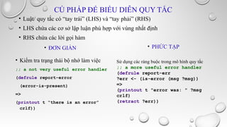 CÚ PHÁP ĐỂ BIỂU DIỄN QUY TẮC
• Luật/ quy tắc có “tay trái” (LHS) và “tay phải” (RHS)
• LHS chứa các cơ sở lập luận phù hợp với vùng nhất định
• RHS chứa các lời gọi hàm
• ĐƠN GIẢN
• Kiểm tra trạng thái bộ nhớ làm việc
;; a not very useful error handler
(defrule report-error
(error-is-present)
=>
(printout t “there is an error”
crlf))

• PHỨC TẠP
Sử dụng các ràng buộc trong mô hình quy tắc
;; a more useful error handler
(defrule report-err
?err <- (is-error (msg ?msg))
=>
(printout t "error was: " ?msg
crlf)
(retract ?err))

 