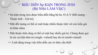 BIểU DIễN Sự KIệN TRONG JESS
(Bộ NHớ LÀM VIệC)
• Sự kiện trong Jess được biểu diễn bằng bộ ba: O-A-V (Đối tượng –
Thuộc tính – Giá trị)
• Một đối tượng có thể có một hoặc nhiều thuộc tính với các kiểu giá
trị khác nhau
• Một thuộc tính cũng có thể có một hay nhiều giá trị. Chúng được gọi
là các sự kiện đơn trị (single -valued) hay đa trị (multi-valued)
=> Linh động trong việc biểu diễn các tri thức cần thiết

 