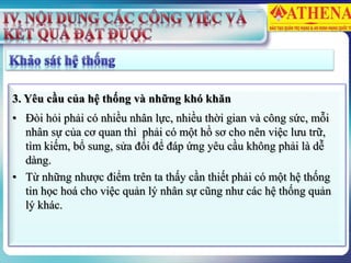 3. Yêu cầu của hệ thống và những khó khăn
• Đòi hỏi phải có nhiều nhân lực, nhiều thời gian và công sức, mỗi
nhân sự của cơ quan thì phải có một hồ sơ cho nên việc lưu trữ,
tìm kiếm, bổ sung, sửa đổi để đáp ứng yêu cầu không phải là dễ
dàng.
• Từ những nhược điểm trên ta thấy cần thiết phải có một hệ thống
tin học hoá cho việc quản lý nhân sự cũng như các hệ thống quản
lý khác.
 