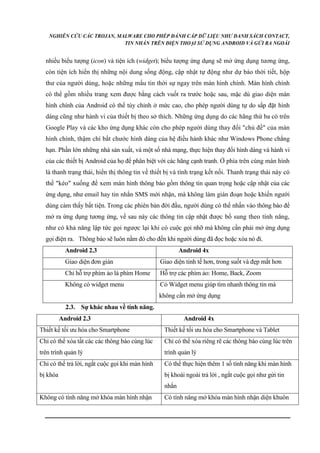 NGHIÊN CỨU CÁC TROJAN, MALWARE CHO PHÉP ĐÁNH CẮP DỮ LIỆU NHƯ DANH SÁCH CONTACT, 
TIN NHẮN TRÊN ĐIỆN THOẠI SỬ DỤNG ANDROID VÀ GỬI RA NGOÀI 
nhiều biểu tượng (icon) và tiện ích (widget); biểu tượng ứng dụng sẽ mở ứng dụng tương ứng, 
còn tiện ích hiển thị những nội dung sống động, cập nhật tự động như dự báo thời tiết, hộp 
thư của người dùng, hoặc những mẩu tin thời sự ngay trên màn hình chính. Màn hình chính 
có thể gồm nhiều trang xem được bằng cách vuốt ra trước hoặc sau, mặc dù giao diện màn 
hình chính của Android có thể tùy chỉnh ở mức cao, cho phép người dùng tự do sắp đặt hình 
dáng cũng như hành vi của thiết bị theo sở thích. Những ứng dụng do các hãng thứ ba có trên 
Google Play và các kho ứng dụng khác còn cho phép người dùng thay đổi "chủ đề" của màn 
hình chính, thậm chí bắt chước hình dáng của hệ điều hành khác như Windows Phone chẳng 
hạn. Phần lớn những nhà sản xuất, và một số nhà mạng, thực hiện thay đổi hình dáng và hành vi 
của các thiết bị Android của họ để phân biệt với các hãng cạnh tranh. Ở phía trên cùng màn hình 
là thanh trạng thái, hiển thị thông tin về thiết bị và tình trạng kết nối. Thanh trạng thái này có 
thể "kéo" xuống để xem màn hình thông báo gồm thông tin quan trọng hoặc cập nhật của các 
ứng dụng, như email hay tin nhắn SMS mới nhận, mà không làm gián đoạn hoặc khiến người 
dùng cảm thấy bất tiện. Trong các phiên bản đời đầu, người dùng có thể nhấn vào thông báo để 
mở ra ứng dụng tương ứng, về sau này các thông tin cập nhật được bổ sung theo tính năng, 
như có khả năng lập tức gọi ngược lại khi có cuộc gọi nhỡ mà không cần phải mở ứng dụng 
gọi điện ra. Thông báo sẽ luôn nằm đó cho đến khi người dùng đã đọc hoặc xóa nó đi. 
Android 2.3 Android 4x 
Giao diện đơn giản Giao diện tinh tế hơn, trong suốt và đẹp mắt hơn 
Chỉ hỗ trợ phím ảo là phím Home Hỗ trợ các phím ảo: Home, Back, Zoom 
Không có widget menu Có Widget menu giúp tìm nhanh thông tin mà 
không cần mở ứng dụng 
[2.3. Sự khác nhau về tính năng. 
Android 2.3 Android 4x 
Thiết kế tối ưu hóa cho Smartphone Thiết kế tối ưu hóa cho Smartphone và Tablet 
Chỉ có thể xóa tất các các thông báo cùng lúc 
trên trình quản lý 
Chỉ có thể xóa riêng rẽ các thông báo cùng lúc trên 
trình quản lý 
Chỉ có thể trả lời, ngắt cuộc gọi khi màn hình 
bị khóa 
Có thể thực hiện thêm 1 số tính năng khi màn hình 
bị khoái ngoài trả lời , ngắt cuộc gọi như gửi tin 
nhắn 
Không có tính năng mở khóa màn hình nhận Có tính năng mở khóa màn hình nhận diện khuôn 
 
