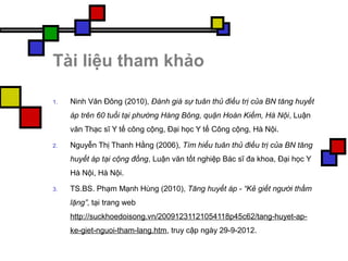 Tài liệu tham khảo
1. Ninh Văn Đông (2010), Đánh giá sự tuân thủ điều trị của BN tăng huyết
áp trên 60 tuổi tại phường Hàng Bông, quận Hoàn Kiếm, Hà Nội, Luận
văn Thạc sĩ Y tế công cộng, Đại học Y tế Công cộng, Hà Nội.
2. Nguyễn Thị Thanh Hằng (2006), Tìm hiểu tuân thủ điều trị của BN tăng
huyết áp tại cộng đồng, Luận văn tốt nghiệp Bác sĩ đa khoa, Đại học Y
Hà Nội, Hà Nội.
3. TS.BS. Phạm Mạnh Hùng (2010), Tăng huyết áp - “Kẻ giết người thầm
lặng”, tại trang web
http://suckhoedoisong.vn/20091231121054118p45c62/tang-huyet-ap-
ke-giet-nguoi-tham-lang.htm, truy cập ngày 29-9-2012.
 