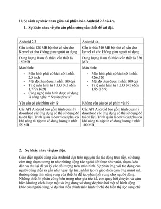 II. So sánh sự khác nhau giữa hai phiên bản Android 2.3 và 4.x.
1. Sự khác nhau về yêu cầu phần cứng cần thiết để cài đặt.
Android 2.3 Android 4x
Cần ít nhất 128 MB bộ nhớ có sẵn cho
Kernel và cho không gian người sử dụng
Cần ít nhất 340 MB bộ nhớ có sẵn cho
kernel và cho không gian người sử dụng
Dung lượng Ram tối thiểu cần thiết là
150MB
Dung lượng Ram tối thiểu cần thiết là 350
MB
Màn hình:
- Màn hình phải có kích cỡ ít nhất
2,5 inch
- Mật độ phải được ít nhất 100 dpi
- Tỉ lệ màn hình từ 1.333 (4:3) đến
1,779 (16:9)
- Công nghệ màn hình được sử dụng
là công nghệ “ Square pixels”
Màn hình:
- Màn hình phải có kích cỡ ít nhất
426x320
- Mật độ phải được ít nhất 100 dpi
- Tỉ lệ màn hình từ 1.333 (4:3) đến
1,85 (16:9)
Yêu cầu có các phím vậy lý Không yêu cầu có có phím vật lý
Các API Android bao gồm trình quản lý
download các ứng dụng có thể sử dụng để
tải dữ liệu.Trình quản lí download phải có
khả năng tải tập tin có dung lượng ít nhất
55 MB
Các API Android bao gồm trình quản lý
download các ứng dụng có thể sử dụng để
tải dữ liệu.Trình quản lí download phải có
khả năng tải tập tin có dung lượng ít nhất
100 MB
2. Sự khác nhau về giao diện.
Giao diện người dùng của Android dựa trên nguyên tắc tác động trực tiếp, sử dụng
cảm ứng chạm tương tự như những động tác ngoài đời thực như vuốt, chạm, kéo
dãn và thu lại để xử lý các đối tượng trên màn hình. Sự phản ứng với tác động của
người dùng diễn ra gần như ngay lập tức, nhằm tạo ra giao diện cảm ứng mượt mà,
thường dùng tính năng rung của thiết bị để tạo phản hồi rung cho người dùng.
Những thiết bị phần cứng bên trong như gia tốc kế, con quay hồi chuyển và cảm
biến khoảng cách được một số ứng dụng sử dụng để phản hồi một số hành động
khác của người dùng, ví dụ như điều chỉnh màn hình từ chế độ hiển thị dọc sang chế
 