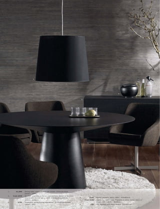 4.




                                                                                                                                             6.



                                                                                              3.




                                                                                                   1.
                                                                                                                5.



                                                                                                                                                                                2.




1.      £1,099    Dining t able, blac k-s t aine d oak vene er. H74½ xØ153c m.
                  [A mar i - 150 0]
2.   fr om £549   60 c hair, available in fabr ic s and leather s. Shown in, br ushe d
                  s te e l l br own C ontr a fabr ic, £599. H78 l 80xW55xD60c m.         4.             £199    Buc ket pendant, blac k c ot ton. H45xØ55c m.
                  [Chair s - 630 0 41]                                                   5.        fr om £139   Ve gas r ug, 10 0% wool. Available in white, beige, blac k or
3.        £799    Sideboar d, blac k-s t aine d oak vene er. H73½ xW160xD55c m.                                 br own. Ø90 l Ø150 l Ø20 0 c m.
                  [A mar i - 162]                                                        6.              £39    Pot, bamb oo with blac k lac quer. H20xØ31c m.
 