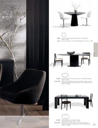 £999    Dining t able, blac k-s t aine d oak vene er. H74½ xØ125c m.
             [A mar i - 130 0]
     £179    Pip o c hair. Shown in, white. H86½ xW45xD5 4 c m. [Chair s - 1380]




                                                                                       Dining
   £1,099    Dining t able, blac k-s t aine d oak vene er. H74½ xW210xD105c m.
             [A mar i - 140 0]
fr om £199   A mar i c hair, available in fabr ic s and leather s. Shown in, blac k-
             s t aine d oak vene er l light b eige leather, £249. H78xW50xD51c m.
             [Chair s - 143036]




   £1,099    Dining t able, blac k-s t aine d oak vene er.
             H74½ xW224xD110 c m. [A mar i - 2240]
fr om £139   Shade c hair, available in fabr ic s and leather s. Shown in,
             wengé-c olour l br own C ontr a fabr ic, £16 4. H92 xW46xD51c m.
                                                                                       118
             [Chair s - 1340 46]                                                       119
 