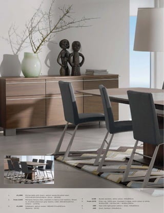 6.
                                                                                                                                       3.




                                                                              5.




1.      £1,099    Dining t able with ins er t, walnut vene er l br ushe d s te el.
                  H70½ xW183 l 263xD10 0 c m. [O c c a - 383028]
                                                                                          4.        £199    Buc ket pendant, white c ot ton. H45xØ55c m.
2.   fr om £249   Mar ipos a Deluxe c hair, available in fabr ic s and leather s. Shown
                  in, br ushe d s te el l c ool gr ey leather, £369. H8 4xW43xD57c m.     5.   fr om £379   Pinar r ug, 10 0% wool. Available in aqua, multi-c olour or white.
                  [Chair s - 137076]                                                                        W140xL 20 0 l W170xL 240 l W20 0xL 300 c m.

3.      £1,099    Sideboar d, walnut vene er. H80xW175½ xD 45½c m.                        6.         £89    Vas e with light gr e en pat ter n. Glas s. H35xØ30 c m.
                  [B alanc e - B C20]                                                     7.         £69    Stool, bamb oo. H46xØ 42c m.
 