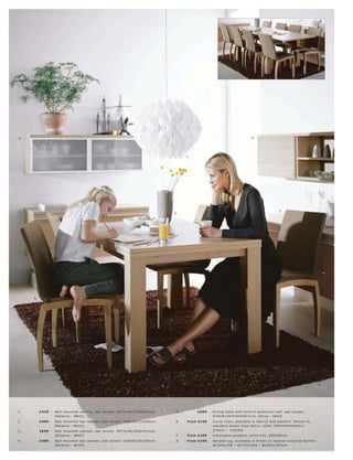 2.                                                                                                                       4.




                                                                                    7.




1.                                                                                                                                         3.
                                                                              5.




     6.




                                                                                                                                                                     8.




1.        £429   Wall mounte d c abinet, oak vene er. H47½ xW117xD 45½c m.     5.        £699    Dining t able with built-in ex tension leaf, oak vene er.
                 [B alanc e - BB 01]                                                             H75xW130 l 230xD91½c m. [O c c a - 1800]
2.        £499   Wall mounte d top c abinet, oak vene er. H38xW117xD30 c m.    6.   fr om £149   Cur ve c hair, available in fabr ic s and leather s. Shown in,
                 [B alanc e - B C0 4]                                                            oak l dar k br own R ipp fabr ic, £249. H90xW45xD 46c m.
3.        £699   Wall mounte d c abinet, oak vene er. H47½ xW176xD 45½c m.                       [Chair s - 115256]
                 [B alanc e - BB 07]                                           7.   fr om £109   C as siopeia pendant, white P VC . Ø28 l 50 c m.
4.        £499   Wall mounte d top c abinet, oak vene er. H38xW176xD30 c m.    8.   fr om £349   Nevada r ug, available in br own or natur al-c olour e d leather.
                 [B alanc e - B C08]                                                             W140xL 20 0 l W170xL 240 l W20 0xL 300 c m.
 