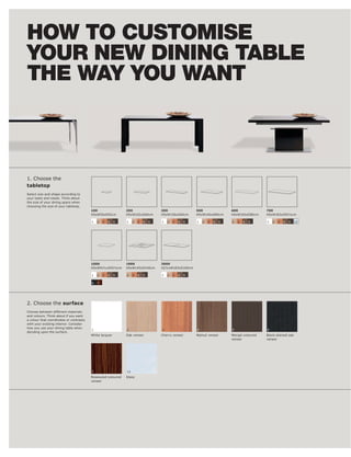HOW TO CUSTOMISE
YOUR NEW DINING TABLE
THE WAY YOU WANT



1. Choose the
tabletop
Select size and shape according to
your taste and needs. Think about
the size of your dining space when
choosing the size of your tabletop.
                                         100                 200                  300                 500                 600              700
                                         H5xW55xD55cm        H5xW102xD60cm        H5xW156xD60cm       H5xW140xD80cm       H5xW160xD80cm    H5xW183xD91½cm

                                         1   2   3   4   5   1    2   3   4   5   1   2   3   4   5   1   2   3   4   5   2   3   4   5    1   2   3   4   5   12




                                         1000                1900                 3000
                                         H5xW91½xD91½cm      H5xW140xD140cm       H2½xW183xD100cm

                                         1   2   3   4   5   2    3   4   5       1   2   3   4   5

                                         6   7




2. Choose the surface
Choose between different materials
and colours. Think about if you want
a colour that coordinates or contrasts
with your existing interior. Consider
how you use your dining table when
                                         1                   2                    3                   4                   5                6
deciding upon the surface.
                                         White lacquer       Oak veneer           Cherry veneer       Walnut veneer       Wengé-coloured   Black-stained oak
                                                                                                                          veneer           veneer




                                         7                   12
                                         Rosewood-coloured   Glass
                                         veneer
 