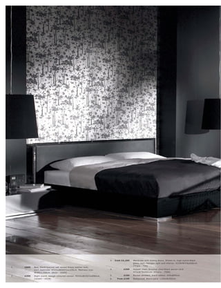 5.
                                                                                                                             1.




                                                                                   6.




     2.




                                                                                        3.   fr om £3,299   War dr ob e with sliding door s. Shown in, high-lus tr e blac k
                                                                                                            glas s, exc l. halogen light and inter ior. H228xW376xD66c m.
                                                                                                            [ Tr iplo - T 31]
1.        £899   B e d, blac k-s t aine d oak vene er l blac k leather look,
                 exc l. mat tr e s s. H72½ xW205½ xL 220 c m. Mat tr e s s size:        4.          £399    Hopper c hair, br ushe d s te el l blac k woven c or d.
                 W180xL 20 0 c m. [B e ds - A A0 0]                                                         H73xW78xD91c m. [Chair s - 7500]

2.        £399   Night s t and, wengé-c olour e d vene er. H21½ xW102½ xD60 c m.        5.          £199    Buc ket pendant, blac k c ot ton. H45xØ55c m.
                 [ Volani - VO38]                                                       6.    fr om £109    B e dspr ead. Blac k l s and. L 250xW250 c m.
 