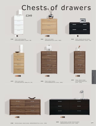Chest s of drawer s
                              £249




       1   5                                                             2   4   5                                                          1   5


£249   Che s t, white lac quer e d.                            £549      Che s t, oak veneer.                                     £249      Che s t, wengé-c olour e d vene er.
       H10 4½ xW51xD 40 c m. [Inzoni - EB]                               H85xW90xD 47½c m. [L imo - 10 03]                                  H5 4xW102 xD 40 c m. [Inzoni - G B]




                                                                                                                                                                                  Chest s of drawer s
       2   3   4   5                                                     2   4   5                                                          2   4   5




                                                                                                                                                                                        Home of f ice
                                                                                                                                  £599      Che s t, walnut veneer.
£479   Che s t, oak veneer.                                    £899      Che s t, walnut veneer.                                            H123½ xW63½ xD 47½c m.
       H111xW57xD 41½c m. [B asic 3D - RU]                               H123½ xW90xD 47½c m. [L imo - 10 05]                               [L imo - 1015]




       2   4   5                                                                                        2    4   5




                                                                                               £8 49    Double dr e s s er, wengé-c olour e d vene er.
                                                                                                                                                                              176
£799   Double dr e s s er, walnut vene er. H85xW169xD 47½c m. [L imo - 10 06]                           H85xW218½ xD 47½c m. [L imo - 3006]                                   177
 
