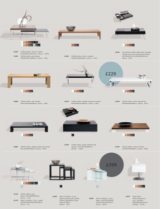 1    2   3   4   5   6   7   12

       1    2   3   4   5   12 13 15                               3   4   5                                                                        1   2   3   4   5



£229   C of fe e t able, walnut vene er.                                                                                                     £549
                                                                                                                                                                                l
£199                                                     £249                                                                                       H32 l 45xW113½ l 135xD80 l 101c m.




                                                                                                                            £229


       1    2   3   4   5                                          1   2   3   4   5                                                                1   2   3   4   5




£289   C of fe e t able, oak vene er.                    £219                                                                                £229   C of fe e t able, white lac quer e d.




       1    2   3   4   5                                          6                                                                                1   2   3   4   5




                                                         £799      C of fe e t able, blac k-s t aine d oak
£289                                                               vene er. H31xW126xD90c m.                                                 £199   C of fe e t able, walnut vene er.
                                                                   [A mar i - 120 0]




                                                                                                                             £299



       1    2   3   4   5   13 15 17

       12                                         6                                                          12                                                     1   2   3   4   6




£119
                                           £499                                                                                                          £379       Side t able,
                                                  blac k-s t aine d oak vene er.               £299                                                                 white lac quer e d,
£179                                              H56 l 47 l 38xW56 l 47 l 38x                                            l 39 l 36xW42                             exc l. handle s.
       H30 l 35xW45 l 50xD 45 l 50 c m.           D56 l 47 l 38c m.                                          l 36 l 30xD 42 l 36 l 30 c m.                          H55xW50xD 42½c m.
                                                  [A mar i - 60]
 