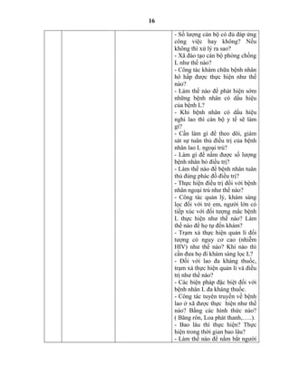 16
- Số lượng cán bộ có đủ đáp ứng
công việc hay không? Nếu
không thì xử lý ra sao?
- Xã đào tạo cán bộ phòng chống
L như thế nào?
- Công tác khám chữa bệnh nhân
hô hấp được thực hiện như thế
nào?
- Làm thế nào để phát hiện sớm
những bệnh nhân có dấu hiệu
của bệnh L?
- Khi bệnh nhân có dấu hiệu
nghi lao thì cán bộ y tế sẽ làm
gì?
- Cần làm gì để theo dõi, giám
sát sự tuân thủ điều trị của bệnh
nhân lao L ngoại trú?
- Làm gì để nắm được số lượng
bệnh nhân bỏ điều trị?
- Làm thế nào để bệnh nhân tuân
thủ đúng phác đồ điều trị?
- Thực hiện điều trị đối với bệnh
nhân ngoại trú như thế nào?
- Công tác quản lý, khám sàng
lọc đối với trẻ em, người lớn có
tiếp xúc với đối tượng mắc bệnh
L thực hiện như thế nào? Làm
thế nào để họ tự đến khám?
- Trạm xá thực hiện quản lí đối
tượng có nguy cơ cao (nhiễm
HIV) như thế nào? Khi nào thì
cần đưa họ đi khám sàng lọc L?
- Đối với lao đa kháng thuốc,
trạm xá thực hiện quản lí và điều
trị như thế nào?
- Các biện pháp đặc biệt đối với
bệnh nhân L đa kháng thuốc.
- Công tác tuyên truyền về bệnh
lao ở xã được thực hiện như thế
nào? Bằng các hình thức nào?
( Băng rôn, Loa phát thanh,…..).
- Bao lâu thì thực hiện? Thực
hiện trong thời gian bao lâu?
- Làm thế nào để nắm bắt người
 