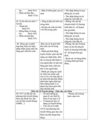 du: Dƣới 9%o
- Miền núi/hải đảo:
Dƣới 11%o
- Dân số bình quân của xã
năm
- Thu thập thông tin qua
thống kê, sổ sách.
- Thu thập thông tin t
cộng tác viên dân số.
47. T lệ sinh con thứ 3
trở lên.
- Thành thị:
Dƣới 5%
- Đồng b ng và trung
du: Dƣới 10%
- Miền núi/hải đảo:
Dƣới 15%
- Tổng số phụ nữ sinh con
trong năm.
- Số phụ nữ sinh con thứ
3 trở lên trong năm.
- Ph ng vấn cán bộ
chuyên trách về chƣơng
trình dân số - kế hoạch
h a gia đình.
- Thu thập thông tin qua
thống kê, sổ sách.
- Thu thập thông tin t
cộng tác viên dân số.
48. Tham gia và phối
hợp thực hiện các biện
pháp nh m giảm mất cân
b ng giới tính khi sinh.
-Báo cáo t lệ giới tính
khi sinh của xã trong
năm.
- Đánh giá hoạt động
tuyên truyền- giáo dục đ
nâng cao nhận thức, thái
độ và chuy n đổi hành vi
của ngƣời dân về mất cân
b ng giới tính, sinh con
thứ 3 cho ngƣời dân.
- Đánh giá c ng tác quản
lý, ki m tra, ki m soát
các cơ sở y tế công lập và
tƣ nh n trên địa bàn nh m
phát hiện ngăn chặn kịp
thời những hành vi vi
phạm lựa chọn giới tính
thai nhi khi sinh.
- Ph ng vấn s u Trƣởng
trạm và cán bộ chuyên
trách về chƣơng trình d n
số - kế hoạch hóa gia
đình.
- Quan sát với bảng ki m
và bảng đánh giá hoạt
động.
Tiêu chí 10 Truy n thông – Giáo dục sức khỏe
49. T T c đầy đủ các
phƣơng tiện truyền thông
theo quy định( loa đài
các tài liệu truyền thông-
GDSK....)
- Sổ sách thống kê,
quản lý các thiết bị
hiện có tại trạm y tế
- Tủ đựng tài liệu và
dụng cụ truyền thông.
- Yêu cầu có ít nhất
10/15 loại phƣơng tiện
truyền thông giáo dục sức
kh e sau đ y đang hoạt
động:
- Ph ng vấn trƣởng
trạm, quan sát.
 