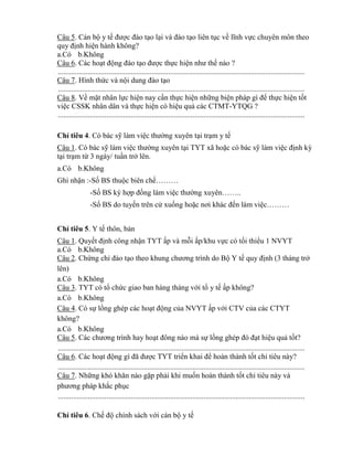 Câu 5. Cán bộ y tế đƣợc đào tạo lại và đào tạo liên tục về lĩnh vực chuyên môn theo
quy định hiện hành không?
a.Có b.Không
Câu 6. Các hoạt động đào tạo đƣợc thực hiện nhƣ thế nào ?
....................................................................................................................................
Câu 7. Hình thức và nội dung đào tạo
....................................................................................................................................
Câu 8. Về mặt nhân lực hiện nay cần thực hiện những biện pháp gì đ thực hiện tốt
việc CSSK nhân dân và thực hiện có hiệu quả các CTMT-YTQG ?
....................................................................................................................................
Ch tiêu 4. Có bác sỹ làm việc thƣờng xuyên tại trạm y tế
Câu 1. Có bác sỹ làm việc thƣờng xuyên tại TYT xã hoặc có bác sỹ làm việc định k
tại trạm t 3 ngày/ tuần trở lên.
a.Có b.Không
Ghi nhận :-Số BS thuộc biên chế………
-Số BS ký hợp đồng làm việc thƣờng uyên……..
-Số BS do tuyến trên cử xuống hoặc nơi hác đến làm việc………
Ch tiêu 5. Y tế thôn, bản
Câu 1. Quyết định công nhận TYT ấp và mỗi ấp/khu vực có tối thi u 1 NVYT
a.Có b.Không
Câu 2. Chứng ch đào tạo theo hung chƣơng trình do Bộ Y tế quy định (3 tháng trở
lên)
a.Có b.Không
Câu 3. TYT có tổ chức giao ban hàng tháng với tổ y tế ấp không?
a.Có b.Không
Câu 4. Có sự lồng ghép các hoạt động của NVYT ấp với CTV của các CTYT
không?
a.Có b.Không
Câu 5. Các chƣơng trình hay hoạt đ ng nào mà sự lồng gh p đ đạt hiệu quả tốt?
....................................................................................................................................
Câu 6. Các hoạt động gì đă đƣợc TYT tri n hai đ hoàn thành tốt ch tiêu này?
....................................................................................................................................
Câu 7. Những h hăn nào gặp phải khi muốn hoàn thành tốt ch tiêu này và
phƣơng pháp hắc phục
....................................................................................................................................
Ch tiêu 6. Chế độ chính sách với cán bộ y tế
 