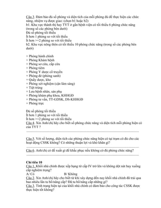 Câu 3. Đảm bảo đủ số phòng và diện tích của mỗi phòng đủ đ thực hiện các chức
năng nhiệm vụ đƣợc giao: (chọn b1 hoặc b2)
b1. Khu vực thành thị hay TYT ở gần bệnh viện có tối thi u 6 phòng chức năng
(trong số các phòng bên dƣới)
Đủ số phòng tối thi u
Ít hơn 1 phòng so với tối thi u
Ít hơn >=2 phòng so với tối thi u
b2. Khu vực nông thôn có tối thi u 10 phòng chức năng (trong số các phòng bên
dƣới)
+ Phòng hành chính
+ Phòng Khám bệnh
+ Phòng sơ cứu, cấp cứu
+ Phòng tiêm
+ Phòng dƣợc cổ truyền
+ Phòng đẻ (phòng sanh)
+ Quầy dƣợc, kho
+ Phòng xét nghiệm (cận lâm sàng)
+ Tiệt trùng
+ Lƣu bệnh nhân, sản phụ
+ Phòng khám phụ hoa KHHGĐ
+ Phòng tƣ vấn, TT-GDSK, DS-KHHGĐ
+ Phòng trực
Đủ số phòng tối thi u
Ít hơn 1 phòng so với tối thi u
Ít hơn >=2 phòng so với tối thi u
Câu 4. Xin Anh/chị hãy cho biết số phòng chức năng và diện tích mỗi phòng hiện có
của TYT ?
....................................................................................................................................
Câu 5. Với số lƣợng, diện tích các phòng chức năng hiện có tại trạm c đủ cho các
hoạt động CSSK không? Có những thuận lợi và h hăn gì?
....................................................................................................................................
Câu 6. Anh/chị c đề xuất gì đ khắc phục nếu h ng c đủ phòng chức năng?
....................................................................................................................................
Ch tiêu 10
Câu 1. Khối nhà chính đƣợc xếp hạng t cấp IV trở lên và không dột nát hay xuống
cấp nghiêm trọng?
A/ Có B/ Không
Câu 2. Xin Anh/chị hãy cho biết t khi xây dựng đến nay khối nhà chính đ trải qua
bao nhiêu lần tu bổ/nâng cấp? Đ tu bổ/nâng cấp những gì?
Câu 3. Tình trạng hiện tại của khối nhà chính c đảm bảo cho c ng tác C K đƣợc
thực hiện tốt không?
 