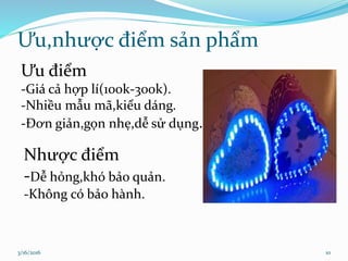 Ưu,nhược điểm sản phẩm
3/16/2016 10
Ưu điểm
-Giá cả hợp lí(100k-300k).
-Nhiều mẫu mã,kiểu dáng.
-Đơn giản,gọn nhẹ,dễ sử dụng.
Nhược điểm
-Dễ hỏng,khó bảo quản.
-Không có bảo hành.
 