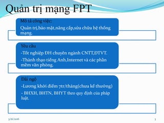 Quản trị mạng FPT
Mô tả công việc:
Quản trị,bảo mật,nâng cấp,sửa chữa hệ thống
mạng.
Yêu cầu
-Tốt nghiệp ĐH chuyên ngành CNTT,ĐTVT.
-Thành thạo tiếng Anh,Internet và các phần
mềm văn phòng.
Đãi ngộ
-Lương khởi điểm 7tr/tháng(chưa kể thưởng)
- BHXH, BHTN, BHYT theo quy định của pháp
luật.
33/16/2016
 