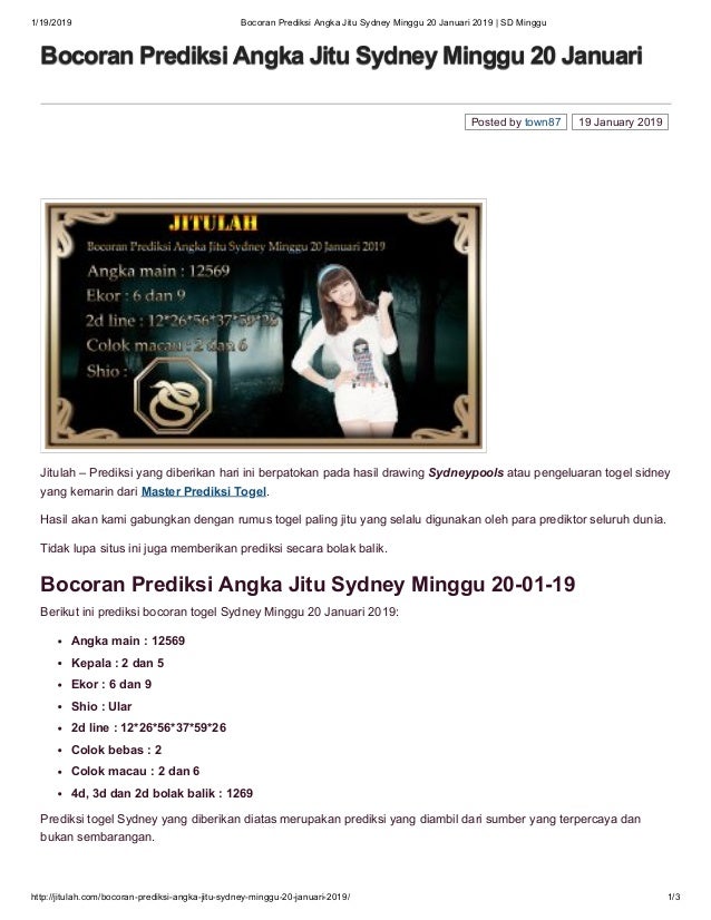 Bocoran Prediksi Angka Jitu Sydney Minggu 20 Januari 2019 Sd Minggu