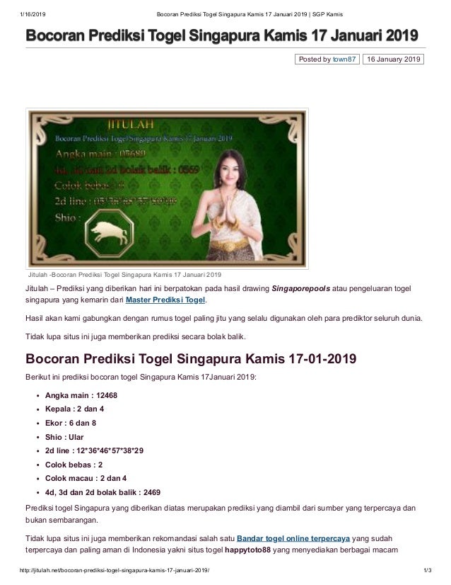 Togel Net Sgp
, Bocoran Prediksi Togel Singapura Kamis 17 Januari 2019 Sgp Kamis