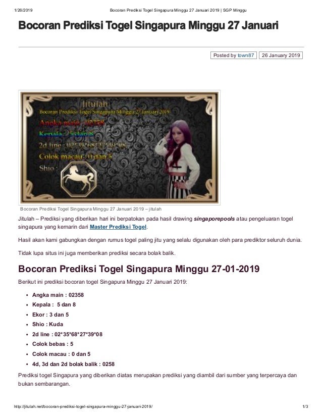 Bocoran Prediksi Togel Singapura Minggu 27 Januari 2019 Sgp Minggu