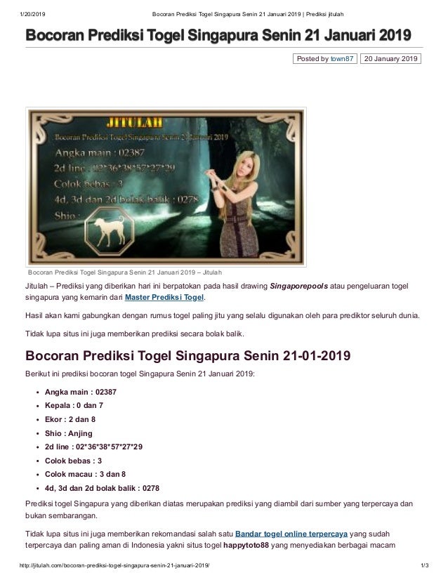 Bocoran Prediksi Togel Singapura Senin 21 Januari 2019 Prediksi Jit