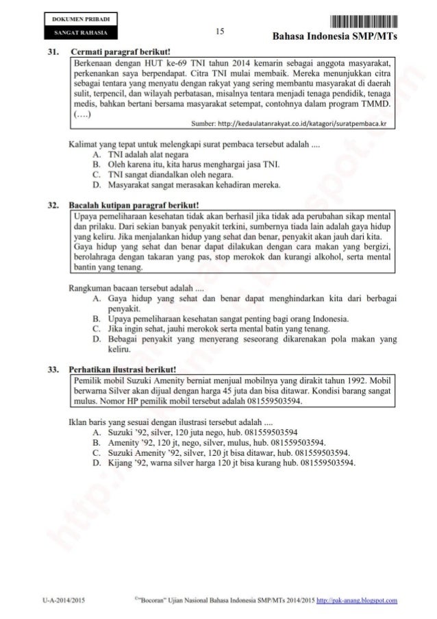 Bocoran soal un bahasa indonesia smp 2015 by pak anang