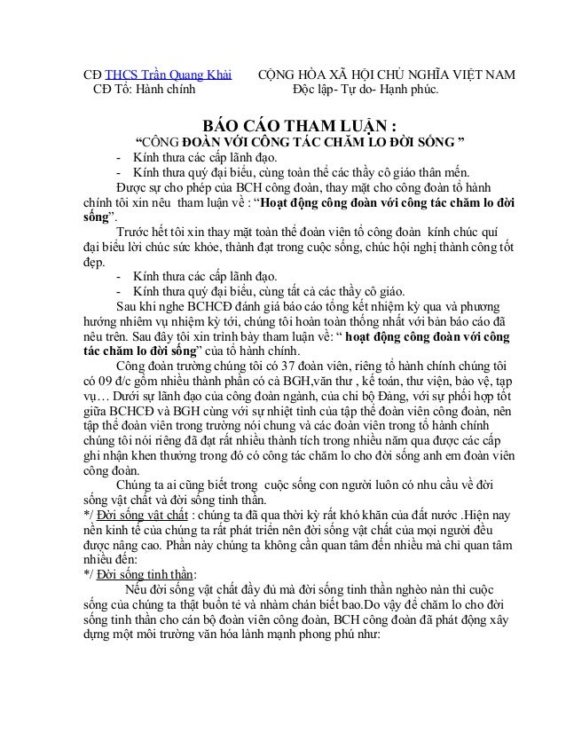 CĐ THCS Trần Quang Khải CỘNG HÒA XÃ HỘI CHỦ NGHĨA VIỆT NAM
CĐ Tổ: Hành chính Độc lập- Tự do- Hạnh phúc.
BÁO CÁO THAM LUẬN ...