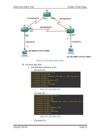 BÁO CÁO THỰC TẬP GVHD: Võ Đỗ Thắng
Nguyễn Văn Hà Trang 26
Hình 34: Mô hình static router
 Các bƣớc thực hiện
 Cấu hình địa chỉ Router tại R1
- Cấu hình s0/1
Hình 35: cấu hình s0/1
- Cấu hình s0/2
Hình 36: cấu hình s0/2
- Cấu hình f1/0
 