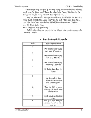 Báo cáo thực tập GVHD: Võ Đỗ Thắng
SV: Trần Quang Duy 11
+ Đảm nhận công tác quản lý hệ thống mạng, an ninh mạng cho nhiều bộ
ngành như Cục Công Nghệ Thông Tin - Bộ Quốc Phòng, Bộ Công An, Sở
Thông Tin Truyền Thông các tỉnh, bưu điện các tỉnh,…
+ Hợp tác và trao đổi công nghệ với nhiều đại học lớn như đại học Bách
Khoa Thành Phố Hồ Chí Minh, Học Viện An Ninh Nhân Dân( Thủ Đức),
Học Viện Bưu Chính Viễn Thông, Hiệp hội an toàn thông tin (VNISA),
Viện Kỹ Thuật Quân Sự ,...
Mô tả công việc được phân công.
+ Nghiên cứu, xây đựng website tin tức Athena bằng wordpress , moodle
, opencart , joomla
 Báo cáo công tác hàng tuần.
Tuần Nội dung thực hiện
1
Đọc tìm hiểu xây dựng
web bằng Wordpress
2
Đọc tìm hiểu xây dựng
web bằng Moodle
3
Đọc tìm hiểu xây dựng
web bằng Opencart
4
Đi dự án Shop Hoa Le
Phong
5
Học tập cách sử dụng
Photoshop , chỉnh sửa
hình cho shop hoa
6 Tháo lắp thiết bị mạng
tìm hiểu các thành phần
cấu tạo sever
7 Chỉnh sửa template thầy
giao
8 Làm giao diện đơn giản
Joomla , Làm báo cáo
tổng kết
 