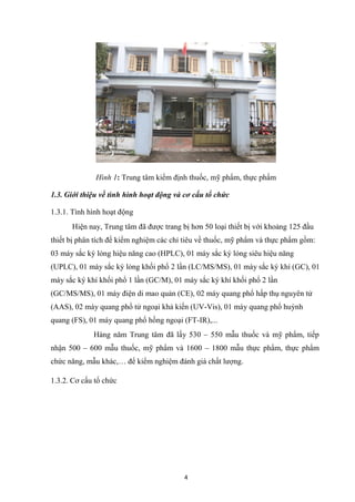 4
Hình 1: Trung tâm kiểm định thuốc, mỹ phẩm, thực phẩm
1.3. Giới thiệu về tình hình hoạt động và cơ cấu tổ chức
1.3.1. Tình hình hoạt động
Hiện nay, Trung tâm đã được trang bị hơn 50 loại thiết bị với khoảng 125 đầu
thiết bị phân tích để kiểm nghiệm các chỉ tiêu về thuốc, mỹ phẩm và thực phẩm gồm:
03 máy sắc ký lỏng hiệu năng cao (HPLC), 01 máy sắc ký lỏng siêu hiệu năng
(UPLC), 01 máy sắc ký lỏng khối phổ 2 lần (LC/MS/MS), 01 máy sắc ký khí (GC), 01
máy sắc ký khí khối phổ 1 lần (GC/M), 01 máy sắc ký khí khối phổ 2 lần
(GC/MS/MS), 01 máy điện di mao quản (CE), 02 máy quang phổ hấp thụ nguyên tử
(AAS), 02 máy quang phổ tử ngoại khả kiến (UV-Vis), 01 máy quang phổ huỳnh
quang (FS), 01 máy quang phổ hồng ngoại (FT-IR),...
Hàng năm Trung tâm đã lấy 530 – 550 mẫu thuốc và mỹ phẩm, tiếp
nhận 500 – 600 mẫu thuốc, mỹ phẩm và 1600 – 1800 mẫu thực phẩm, thực phẩm
chức năng, mẫu khác,… để kiểm nghiệm đánh giá chất lượng.
1.3.2. Cơ cấu tổ chức
 