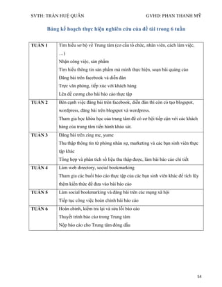 SVTH: TRẦN HUỆ QUÂN GVHD: PHAN THANH MỸ
54
Bảng kế hoạch thực hiện nghiên cứu của đề tài trong 6 tuần
TUẦN 1 Tìm hiểu sơ bộ về Trung tâm (cơ cấu tổ chức, nhân viên, cách làm việc,
…)
Nhận công việc, sản phẩm
Tìm hiểu thông tin sản phẩm mà mình thực hiện, soạn bài quảng cáo
Đăng bài trên facebook và diễn đàn
Trực văn phòng, tiếp xúc với khách hàng
Lên đề cương cho bài báo cáo thực tập
TUẦN 2 Bên cạnh việc đăng bài trên facebook, diễn đàn thì còn có tạo blogspot,
wordpress, đăng bài trên blogspot và wordpress.
Tham gia học khóa học của trung tâm để có cơ hội tiếp cận với các khách
hàng của trung tâm tiến hành khảo sát.
TUẦN 3 Đăng bài trên zing me, yume
Thu thập thông tin từ phòng nhân sự, marketing và các bạn sinh viên thực
tập khác
Tổng hợp và phân tích số liệu thu thập được, làm bài báo cáo chi tiết
TUẦN 4 Làm web directory, social bookmarking
Tham gia các buổi báo cáo thực tập của các bạn sinh viên khác để tích lũy
thêm kiến thức để đưa vào bài báo cáo
TUẦN 5 Làm social bookmarking và đăng bài trên các mạng xã hội
Tiếp tục công việc hoàn chỉnh bài báo cáo
TUẦN 6 Hoàn chỉnh, kiểm tra lại và sửa lỗi báo cáo
Thuyết trình báo cáo trong Trung tâm
Nộp báo cáo cho Trung tâm đóng dấu
 