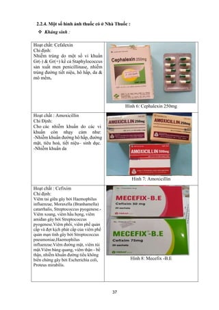 37
2.2.4. Một số hình ảnh thuốc có ở Nhà Thuốc :
 Kháng sinh :
Hoạt chất: Cefalexin
Chỉ định:
Nhiễm trùng do một số vi...