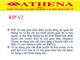 RIP V2
 RIP: là một giao thức đinh tuyến dùng để quản bá
thông tin về địa chỉ mà mình muốn quản bá ra bên
ngoài và thu thập thông tin để hình thành bản định
tuyến cho router. Đây là loại giao thức Distance
Vector sử dụng tiêu chí chọn dạng Classful (đối với
RIP v1) và Classless (đối với RIPv2).
 Vì sử dụng tiêu chí định tuyến là hop count và bị
giới hạn ở số hop là 15 nên giao thức này chỉ được
sử dụng ở mô hình mạng nhỏ
 
