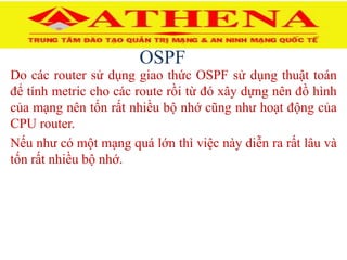 OSPF
Do các router sử dụng giao thức OSPF sử dụng thuật toán
để tính metric cho các route rồi từ đó xây dựng nên đồ hình
của mạng nên tốn rất nhiều bộ nhớ cũng như hoạt động của
CPU router.
Nếu như có một mạng quá lớn thì việc này diễn ra rất lâu và
tốn rất nhiều bộ nhớ.
 