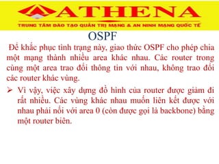 OSPF
Để khắc phục tình trạng này, giao thức OSPF cho phép chia
một mạng thành nhiều area khác nhau. Các router trong
cùng một area trao đổi thông tin với nhau, không trao đổi
các router khác vùng.
 Vì vậy, việc xây dựng đồ hình của router được giảm đi
rất nhiều. Các vùng khác nhau muốn liên kết được với
nhau phải nối với area 0 (còn được gọi là backbone) bằng
một router biên.
 