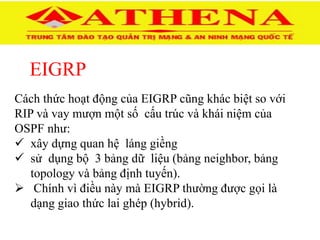 EIGRP
Cách thức hoạt động của EIGRP cũng khác biệt so với
RIP và vay mượn một số cấu trúc và khái niệm của
OSPF như:
 xây dựng quan hệ láng giềng
 sử dụng bộ 3 bảng dữ liệu (bảng neighbor, bảng
topology và bảng định tuyến).
 Chính vì điều này mà EIGRP thường được gọi là
dạng giao thức lai ghép (hybrid).
 