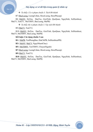 Xây dựng cơ sở dữ liệu trong quản lý nhân sự
Nov. 15

              Ta thấy ( 5) vi phạm chuẩn 3. Tách R6 thành
          R7 (BacLuong, LuongCoban, HesoLuong, HesoPhucap)
         R8 (MaNV, HoTen, DanToc, GioiTinh, QueQuan, NgaySinh, SoDienthoai,
      MaCV, TenCV, MaTDHV, BacLuong, MaPB)
              Ta thấy (6) vi phạm chuẩn 3. Vậy tách R8 thành
          R9 (MaCV, TenCV)
         R10 (MaNV, HoTen, DanToc, GioiTinh, QueQuan, NgaySinh, SoDienthoai,
      MaCV, MaTDHV, BacLuong, MaPB)
          Kết luận: Các dạng chuẩn 3 sau
          R1 ( MaPB, TenPhongBan, DiaChiPB, SoDienthoaiPB)
          R3 ( MaNV, MaCV, NgayNhamChuc)
          R5 ( MaTDHV, TenTDHV, ChuyenNganh)
          R7 (BacLuong, LuongCoban, HesoLuong, HesoPhucap)
          R9 (MaCV, TenCV)
         R10 (MaNV, HoTen, DanToc, GioiTinh, QueQuan, NgaySinh, SoDienthoai,
      MaCV, MaTDHV, BacLuong, MaPB)




          Nhóm 01 – Lớp 1103INFO1211- GVHD. Đặng Minh Tuyền             10
 
