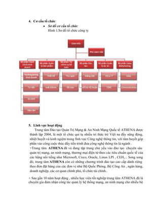 4. Cơ cấu tổ chức
Sơ đồ cơ cấu tổ chức
Hình 1.Sơ đồ tổ chức công ty
5. Lĩnh vực hoạt động
Trung tâm Đào tạo Quản Trị Mạng & An Ninh Mạng Quốc tế ATHENA được
thành lập 2004, là một tổ chức qui tụ nhiều trí thức trẻ Việt na đầy năng động,
nhiệt huyết và kinh ngiệm trong lĩnh vực Công nghệ thông tin, với tâm huyết góp
phần vào công cuộc thúc đẩy tiến trình đưa công nghệ thông tin là ngành .
+Trung tâm ATHENA đã và đang tập trung chủ yếu vào đào tạo chuyên sâu
quản trị mạng, an ninh mạng, thương mại điện tử theo các tiêu chuẩn quốc tế của
các hãng nổi tiếng như Microsoft, Cisco, Oracle, Linux LPI , CEH,... Song song
đó, trung tâm ATHENA còn có những chương trình đào tạo cao cấp dành riêng
theo đơn đặt hàng của các đơn vị như Bộ Quốc Phòng, Bộ Công An , ngân hàng,
doanh nghiệp, các cơ quan chính phủ, tổ chức tài chính..
+ Sau gần 10 năm hoạt động , nhiều học viên tốt nghiệp trung tâm ATHENA đã là
chuyên gia đảm nhận công tác quản lý hệ thống mạng, an ninh mạng cho nhiều bộ
 