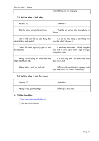 Báo cáo tuần 1 - Athena
Trang 11
tin mà không cần mở ứng dụng
3.3. Sự khác nhau về tính năng.
Android 2.3 Android 4x
Thiết kế tối ưu hóa cho Smartphone Thiết kế tối ưu hóa cho Smartphone và
Tablet
Chỉ có thể xóa tất các các thông báo
cùng lúc trên trình quản lý
Chỉ có thể xóa riêng rẽ các thông báo
cùng lúc trên trình quản lý
Chỉ có thể trả lời, ngắt cuộc gọi khi màn
hình bị khóa
Có thể thực hiện thêm 1 số tính năng khi
màn hình bị khoái ngoài trả lời , ngắt cuộc gọi
như gửi tin nhắn
Không có tính năng mở khóa màn hình
nhận diện khuôn mặt
Có tính năng mở khóa màn hình nhận
diện khuôn mặt
Không hỗ trợ chỉnh sửa hình ảnh Hỗ trợ chỉnh sửa hình ảnh , tự động nhận
diện được tất cả các camera trên thiết bị
3.4. Sự khác nhau về giao thức mạng.
Android 2.3 Android 4x
Không hỗ trợ giao thức https Hỗ trợ giao thức https
4. Tài liệu tham khảo:
[1] http://www.vietnamandroid.com/
[2] Đĩa lab Athena Android.
 