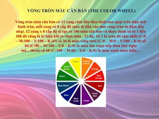Vòng tròn màu căn bản có 12 cung chia đều theo hình nan quạt trên diện tích
hình tròn, mỗi cung có 8 cấp độ màu đi dần vào tâm vòng tròn từ đậm đến
nhạt. 12 cung x 8 cấp độ sẽ tạo ra 106 màu căn bản và được đánh số từ 1 đến
106 đó cũng là kí hiệu khi ta chọn màu . Ví dụ: Số 1 là màu đỏ sậm nhất (C:0
– M:100 – Y:100 – K:45) số 36 là màu vàng tươi (C:0 – M:0 – Y:100 – K:0) số
84 (C:80 – M:100 – Y:0 – K:0) là màu tím rượu nếp than (híc nghe
mà…thèm) số 68 (C:100 – M:60 – Y:0 – K:0) là màu xanh nước biển…
 