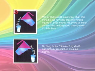 Một sự không nhất quán khác: phần chữ
trong bố cục này chảy theo một hướng
ngược lại chiều hướng mà chúng ta mong
đợi đó chính là dòng nước chảy tự nhiên
từ chiếc bình.
Sự đồng thuận: Tất cả những yếu tố
dẫn mắt người xem theo cùng một
hướng.
 