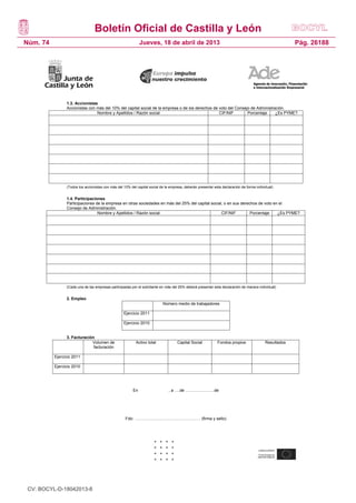 Boletín Oficial de Castilla y León
Núm. 74                                                       Jueves, 18 de abril de 2013                                                               Pág. 26188




                1.3. Accionistas
                Accionistas con más del 10% del capital social de la empresa o de los derechos de voto del Consejo de Administración.
                                Nombre y Apellidos / Razón social                                 CIF/NIF        Porcentaje     ¿Es PYME?




                (Todos los accionistas con más del 10% del capital social de la empresa, deberán presentar esta declaración de forma individual)


                1.4. Participaciones
                Participaciones de la empresa en otras sociedades en más del 25% del capital social, o en sus derechos de voto en el
                Consejo de Administración.
                                 Nombre y Apellidos / Razón social                                 CIF/NIF         Porcentaje    ¿Es PYME?




                (Cada una de las empresas participadas por el solicitante en más del 25% deberá presentar esta declaración de manera individual)


                2. Empleo
                                                                           Número medio de trabajadores

                                                   Ejercicio 2011

                                                   Ejercicio 2010


                3. Facturación
                             Volumen de                   Activo total              Capital Social           Fondos propios                Resultados
                              facturación

          Ejercicio 2011

          Ejercicio 2010




                                                         En                    , a ….de …………………de




                                                    Fdo: ………………………………………… (firma y sello)




                20




 CV: BOCYL-D-18042013-8
 