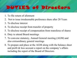 DUTIES of Directors
1.
2.
3.
4.
5.
6.
7.

To file return of allotment
Not to issue irredeemable preference share after 20 ...