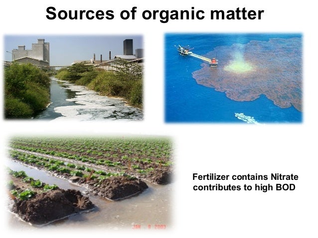 Sources of organic matter
Fertilizer contains Nitrate
contributes to high BOD
 