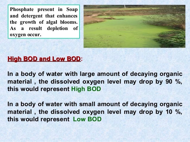 Phosphate present in Soap
and detergent that enhances
the growth of algal blooms.
As a result depletion of
oxygen occur.
H...
