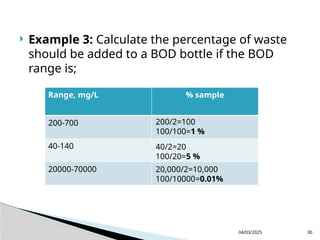  Example 3: Calculate the percentage of waste
should be added to a BOD bottle if the BOD
range is;
04/03/2025 30
Range, mg/L % sample
200-700
40-140
20000-70000
200/2=100
100/100=1 %
40/2=20
100/20=5 %
20,000/2=10,000
100/10000=0.01%
 