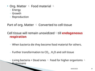  Org. Matter  Food material 
◦ Energy
◦ Growth
◦ Reproduction
Part of org. Matter  Converted to cell tissue
Cell tissue will remain unoxidizedtill endogeneous
respiration
◦ When bacteria die they become food material for others.
◦ Further transformation to CO2 , H2O and cell tissue
◦ Living bacteria + Dead ones  Food for higher organisms 
Protozoans
04/03/2025 41
 