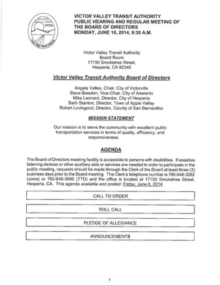 VVTA Board Of Directors Meeting Agenda - June 16, 2014