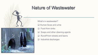 Nature of Wastewater
What’s in wastewater?
 Human feces and urine
 Food from sinks
 Soaps and other cleaning agents
 Runoff from streets and lawns
 Industrial discharges
 